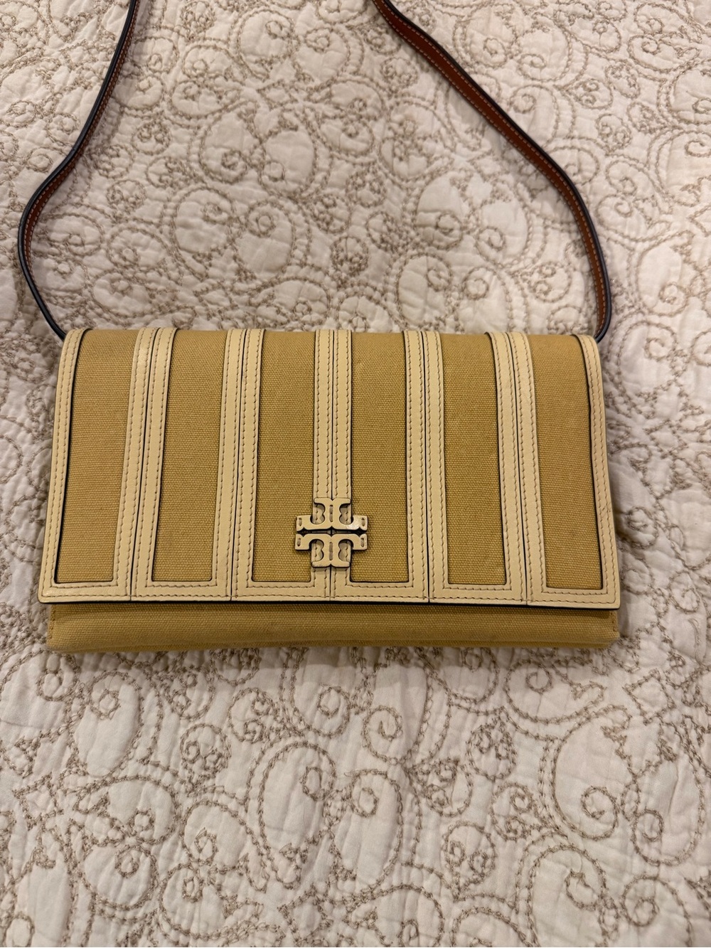 Tory Burch Yellow Canvas and Cream Trim Crossbody Bag